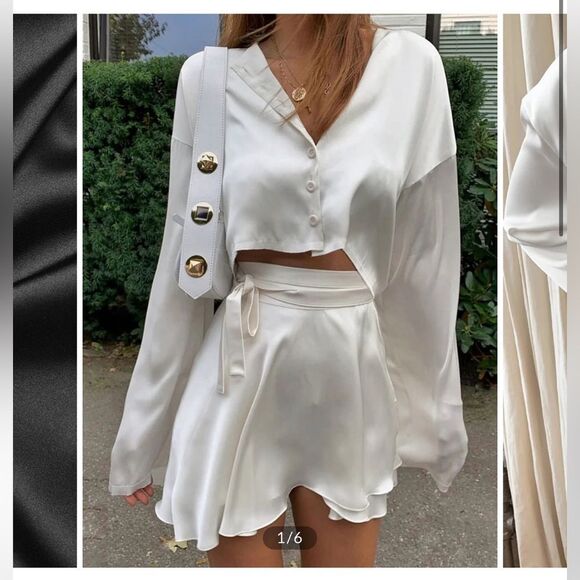 Commense Satin Raw Hem Tied Two Piece Skirt Set NWT - Picture 1 of 6